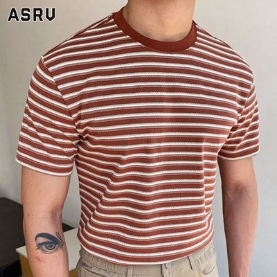 ASRV เสื้อยืดผู้ชาย เสื้อผ้าผู้ชาย t shirt for men บางลายทางไหมพรมแขนสั้นสำหรับผู้ชาย,ผ้าไอซ์ซิลค์แขนยาวครึ่งแขนสำหรับฤดูร้อน