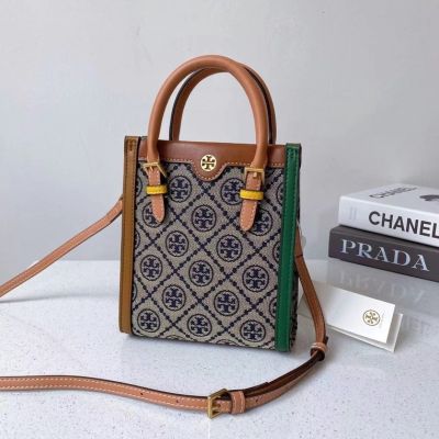 2023 new Tory Burch Ladys 2022 T Monogram Mini Colorblock Jacquard Tote Bag Handbag Shoulder Bag Crossbody Bag