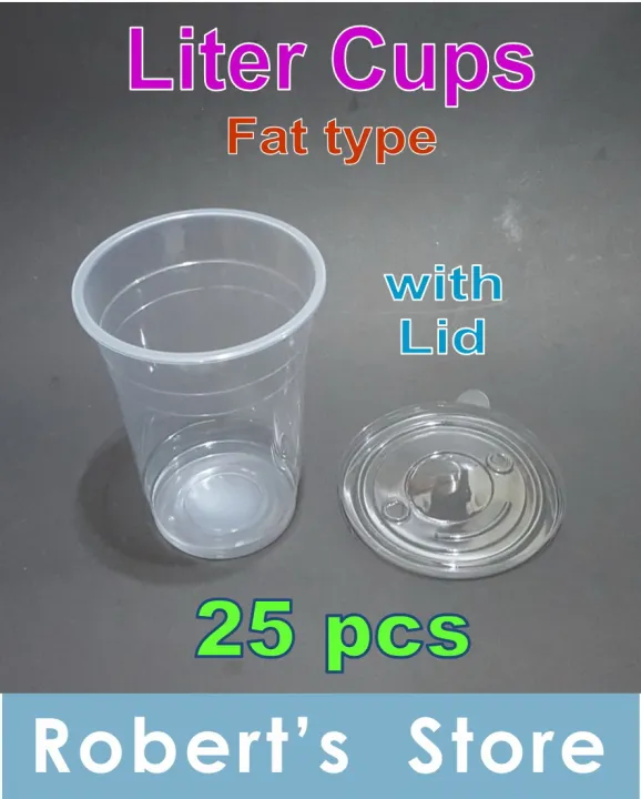 Plastic Liter Cup with Lid 25 sets for Milk tea and juices Fat type PP