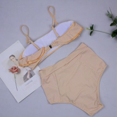 【Dobetters】Irregular Striped Ruffled High Waist Bikini Set Korean Swimwear Strapless Padded Beachwear