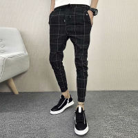 Korean Fashion Checkered Slim Fit Casual Pants Men Ankle Length Plaid Trousers For Men Straight Thin Mens Harem Pants Elastic Waist Drawstring Slacks Formal Male Apparel