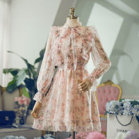 Spot parcel post2023 Spring New Sweet Floral Bow Tied Lotus Leaf Chiffon Fairy Pure Desire Special-Interest Design Dress