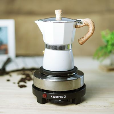 (สีขาว) KAMPING ชุดกาต้มมอคค่าพอท Moka Pot ลายไม้ + เตาไฟฟ้า500w