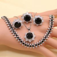 XUTAAYI Silver Wedding Jewelry Sets For Women Flower Shape Black Zircon Bracelet Earrings Necklace Pendant Ring Gift Box