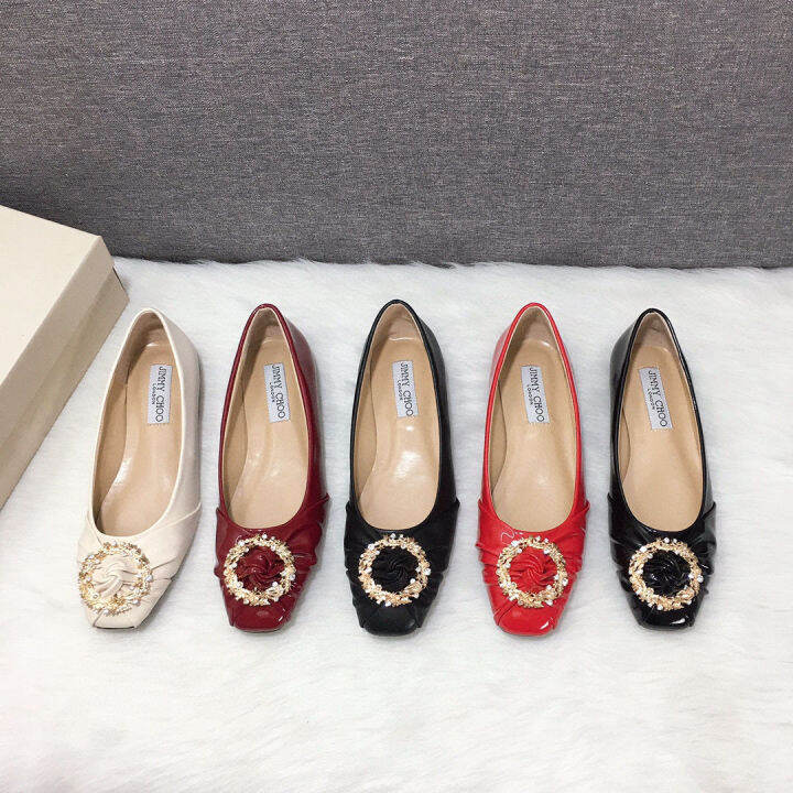 High Quality】JimmyxFlower Ring Diamond Square Head Flat Sole Single Shoes  Elegant Temperament Girl Flat Sole Shoes Step by Step 