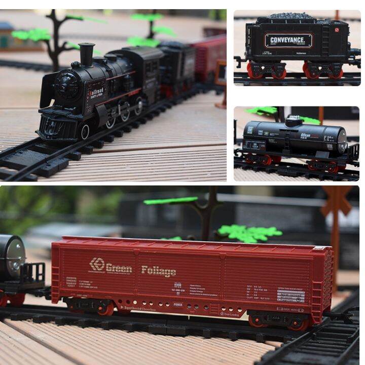 ทางรถไฟทำงานด้วยแบตเตอรี่ชุดของเล่นรถจักรไอน้ำรถไฟขนส่งแบบคลาสสิกชุดของเล่นรถไฟของเล่นไฟฟ้าจำลองควัน