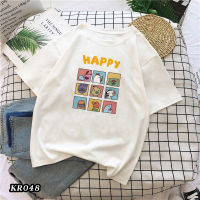 kr048พร้อมส่ง**สินค้ามาใหม่** เสื้อยืดคอกรมแฟชั่น แขนสั้น ลายHappy เนื้อผ้านุ่ม ใส่สบาย ไม่ร้อน ผ้าไม่หนาไม่บางเกินไป unisex