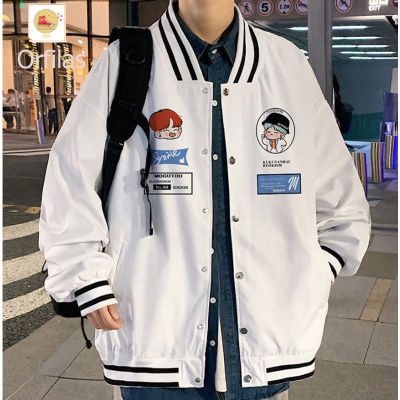 【Orfilas】เสื้อแจ็คเก็ตพิมพ์ลายการ์ตูนเกาหลีสำหรับผู้ชาย, ชุดเบสบอล, เสื้อแจ็คเก็ตหลวม presale