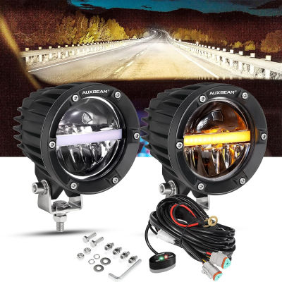 Auxbeam 4In Round LED Offroad Lights 2PCS, 110W Round LED Pods Auxiliary Driving Light with Amber DRL Design, Super Bright LED Light Bar Round Fog Light Wiring Harness for Truck Pickup SUV ATV UTV 4x4 White Beam with DRL