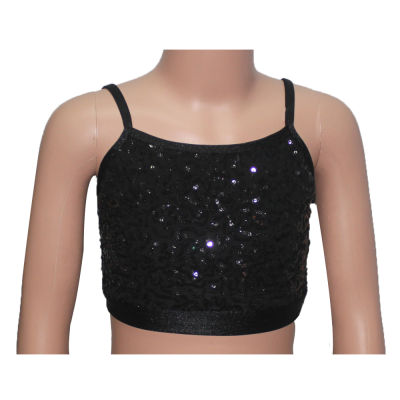 สีดำเลื่อม Crop Tops ไนลอน Lycra Camisole เด็กและหญิงสั้นสำหรับ Performance Latin Jazz Dance