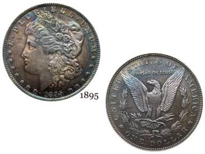 เหรียญลิเบอร์ตี้1895ของอเมริกามอร์แกนหนึ่งดอลลาร์เราเหรียญลิเบอร์ตี้คิวโปรนิกเกิลชุบเงิน