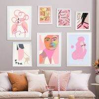 Pink Abstract Flamingo Dog Woman Color Block Wall Art-โปสเตอร์และภาพพิมพ์นอร์ดิกสำหรับตกแต่งห้องนั่งเล่น-เพิ่มสีสันให้กับพื้นที่ของคุณ