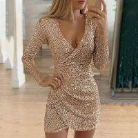 【jw】¤∋☃  Glitter Deep V Neck Sleeve Bodycon Dresses Robe