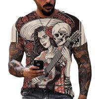 2023Electro Skull Mens T-shirt Summer Punk Streetwear Casual Short Sleeve Tees Fashion Festival Clothing Loose Oversized Pullover