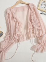 ✎ Bell sleeve chiffon sun protection clothing for women summer new style ruffled lace-up cardigan fairy shawl with suspender skirt short coat