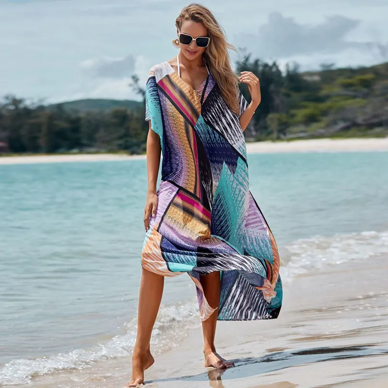 Bohemian Tropical Summer Beach Cover Ups Color-Blocking Print Women's  Kaftan Light Weight Flowy Kaftan Baju Kelawar Dubai Abaya Lounge Wear  Holiday Resortwear Overdress