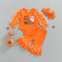 Newborn Baby Girl Halloween Outfit Mesh Puff Sleeve Romper Ruffles Bell Bottom Pants Set with Headband Clothes  by Hs2023