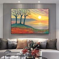 Vintage Nordic บทคัดย่อภูมิทัศน์ Sunset ภาพวาด Wall Art โปสเตอร์และพิมพ์ภาพวาดสีน้ำมันบนผ้าใบสำหรับตกแต่งห้อง New