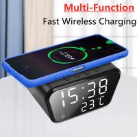 Wireless Charger Pad LED นาฬิกาปลุกดิจิตอลตั้งโต๊ะอุณหภูมิเครื่องชาร์จศัพท์ Stand 15W Fast Wireless Charging Dock Station