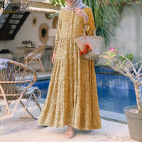 ZANZEA Women Casual Long Sleeve Front Button Printed Tiered Muslim Long Dress