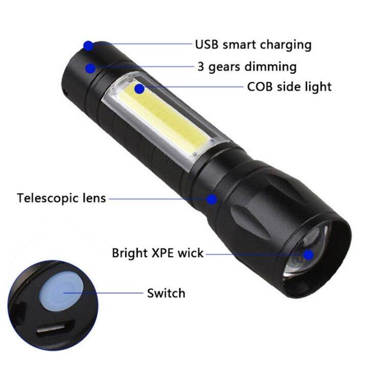 ไฟฉายขนาดเล็กแบบพกพาชาร์จไฟได้-cob-เดินป่ากลางแจ้งไฟฉาย-led-กันน้ำไฟทำงานไฟฉายซูม3โหมดการทำงาน