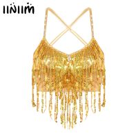 hot【DT】 Womens Sequin Belly  Fringed Crop Top Rhinestone V Neck Sleeveless Camisole for Performance