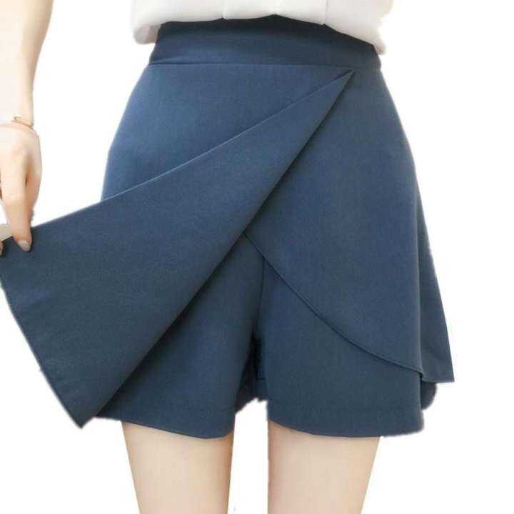 กางเกงชีฟองผู้หญิงสีทึบพร้อมขนาดเอวสูงผู้หญิง-culotte-ไม่สม่ำเสมอ-2023-กางเกงขาสั้นฤดูร้อน