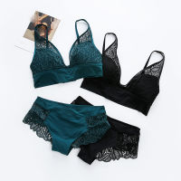 3 colors black grey green full lace y ladies underwear French thin cup wireless bra set lace women comfortable lingerie