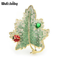 Wuli&amp;baby Luxury Zircon Beetle And Leaf Brooches Green Leaf Weddings Banquet Office Brooch Pins Gifts