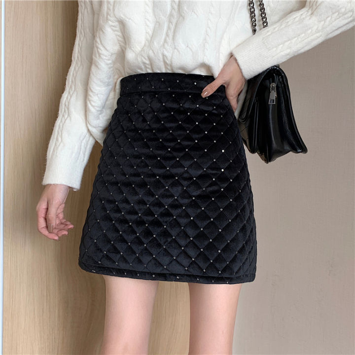 easygarment-spring-black-high-waist-sequin-a-line-women-new-slim-quilted-velvet-mini-skirt