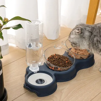 ชามอาหารสุนัขแมว3-In-1เครื่องจ่ายอาหารอัตโนมัติชามสำหรับแมวสัตว์เลี้ยงพร้อมน้ำพุชามคู่ดื่มจานชามขาตั้งสำหรับแมว