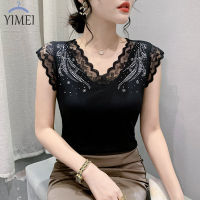 YIMEI เสื้อแขนกุดทรงสลิมสีดำเข้ารูปพอดี2023สำหรับฤดูร้อนใหม่เสื้อยืดผู้หญิงอุตสาหกรรมหนักลายเพชรสุดฮอตเสื้อยืดผู้หญิงแฟชั่นลูกไม้คอวีตัดกัน