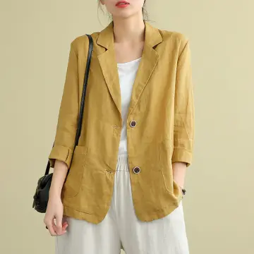 Women Summer Coat Cotton Linen Medium Long Loose Suit Jacket 