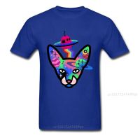 Ufo Cat Wild Animals T-Shirt 2018 Men Family Tops Vibrant Blue Summer Leisure T Shirt Colorful Sphynx Universe Cartoon 【Size S-4XL-5XL-6XL】