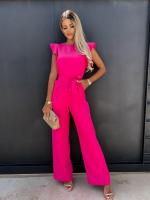 ฤดูร้อนผู้หญิง Jumpsuits ลำลอง O-Neck Ruffles เข็มขัดสุภาพสตรีขากว้าง Playsuits Elegant Rose Red Overalls Monos Verano 2023 Mujer