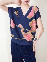 ❈ Aiden001 Average Size Autumn Retro Pleated Print V-Neck Knitted Sweater Vest Vest Female Slim Blouse Top Z1001