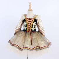 ผู้ใหญ่สาวศาลบัลเล่ต์ชุดทองซาตินแขนยาวเต้นรำ Tutu ชุด Lolita Stage Performance Costume