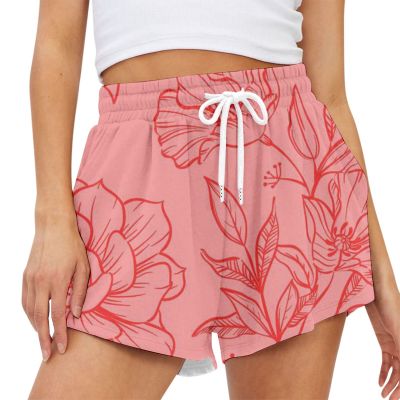 Womens Floral Printed Shorts Adjustable Elastic Tight Casual Strap Pocket Pajamas Shorts Summer Thin High Waist Wide Leg Slacks