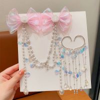 2023 Children Cute Baby Mermaid Princess Pearl Fringe Bow Forehead Ear Chain Hairpin Fairy Hair Accessori Girls Hair Clip