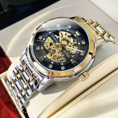 ⌚OLEVS นาฬิกาข้อมือสำหรับผู้ชาย,นาฬิกาข้อมือนาฬิกากลไกอัตโนมัติสแตนเลสสตีลเรืองแสงกันน้ำหรูหรา