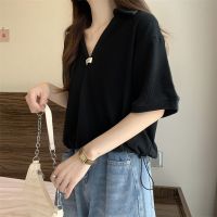 Spot parcel post Shoulder Collar Short Sleeve T T-shirt Womens Summer New Korean Style Personalized Drawstring All-Match Loose plus Size Short Top