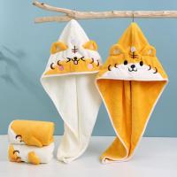 Dry Hair Towel Coral Fleece Bath Towel Long Hair Drying Hat Kids Cartoon Tiger Pattern Soft Skin-friendly Button Triangle Hats Towels