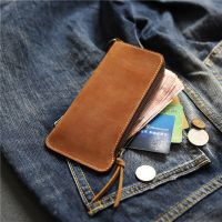 100% กระเป๋าใส่เงินหนังแท้สำหรับชาย Cowhide Vintage Handmade ยาวซิปคลัทช์ชายกระเป๋าสตางค์ใส่นามบัตรกระเป๋าโทรศัพท์