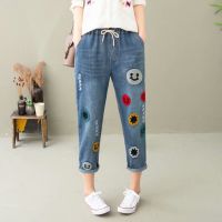 Large  Size M-3XL Womens Blue Jeans Vintage Embroidery Slim Denim Cropped Pants