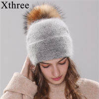 Xthree new womens hat winter beanie knitted hat Angola Rabbit fur Bonnet girl s hat fall female cap with fur pom pom