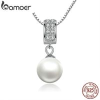 BAMOER 925 Sterling Silver Simulated Pearl Pendant Necklace Long Chain Necklace Jewelry Wedding Necklace Accessories SCN030