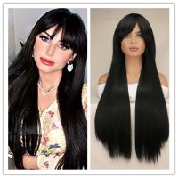 QQXCAIW Long Straight Cosplay Wig Women Costume Party Natrual Black  Heat Resistant Synthetic Hair Wigs Wig  Hair Extensions Pads