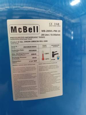 ถังแรงดันปั๊มอัตโนมัติ ยางไดอะแฟรม รุ่น MB-200VL ขนาด 200 ลิตร ยางไดอะแฟรม Pressure MCBELL ท่อดูด1-1/4 แบบมีเกจ์