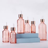 6Pcs 5/10/15/20/30/50/100ml Pink Round Glass Dropper Bottles with Rose Gold Lids Hair Oil Essence E Liquid Sub-bottle Wholesale