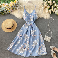 Boho V คอ2021ดอกไม้พิมพ์ Slim เซ็กซี่สปาเก็ตตี้ Midi ยาวฤดูร้อน Casual Party ผู้หญิง A-Line Beach Holiday Dress